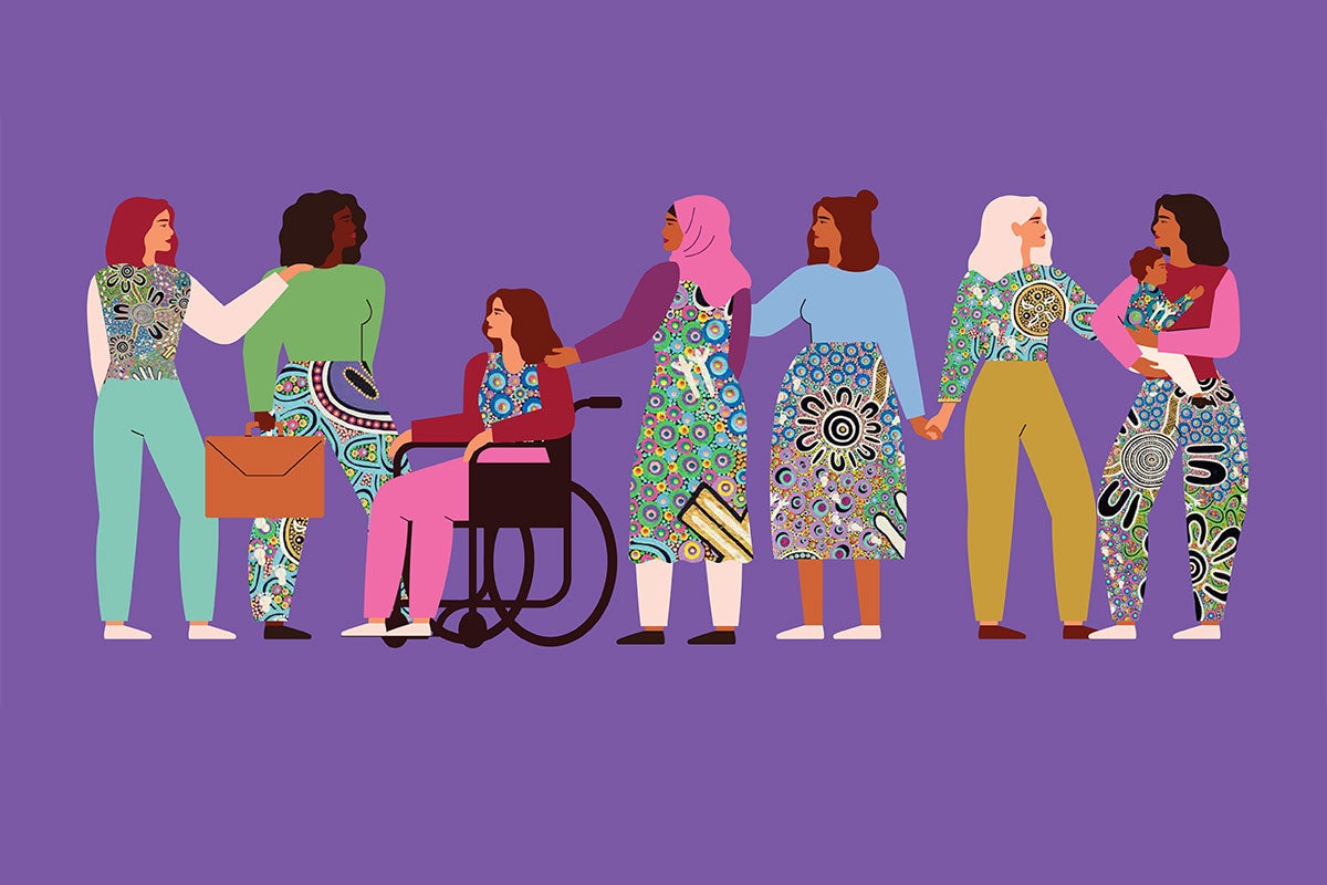 An illustration of seven women and a child can be seen on a bright purple background. The women represent diverse backgrounds, and ages. They are holding hands with one another and on their clothes is a bright Aboriginal pattern. One is sitting in a wheelchair. One is wearing a hijab, and one is holding a child. 